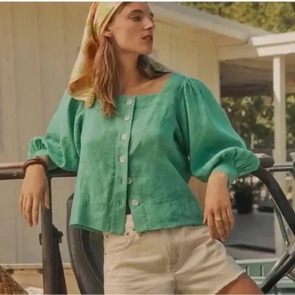 J. Crew Top Square Neck Button Front Linen in Spring Green Womens Large
